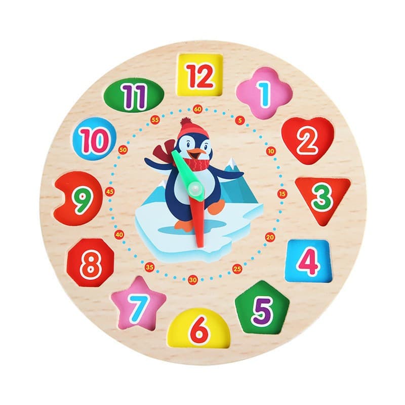 Jucarie educativa tip Montessori, ceas din lemn, model pinguin, 12 piese, multicolor — principală