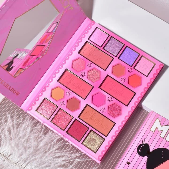 Paleta de machiaj KEVIN & COCO, 20 culori Pink Girl, fard de pleoape si blush, roz — principală