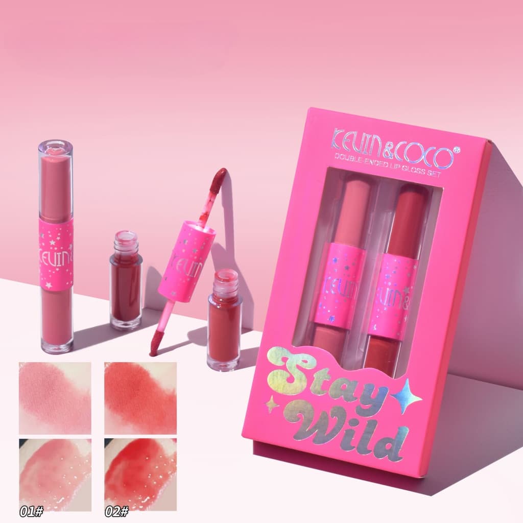 Set de buze KEVIN & COCO Stay Wild, 4 culori, 2 gloss-uri si 2 rujuri mate, 15.1 x 8.1 x 2cm, roz/rosu — principală