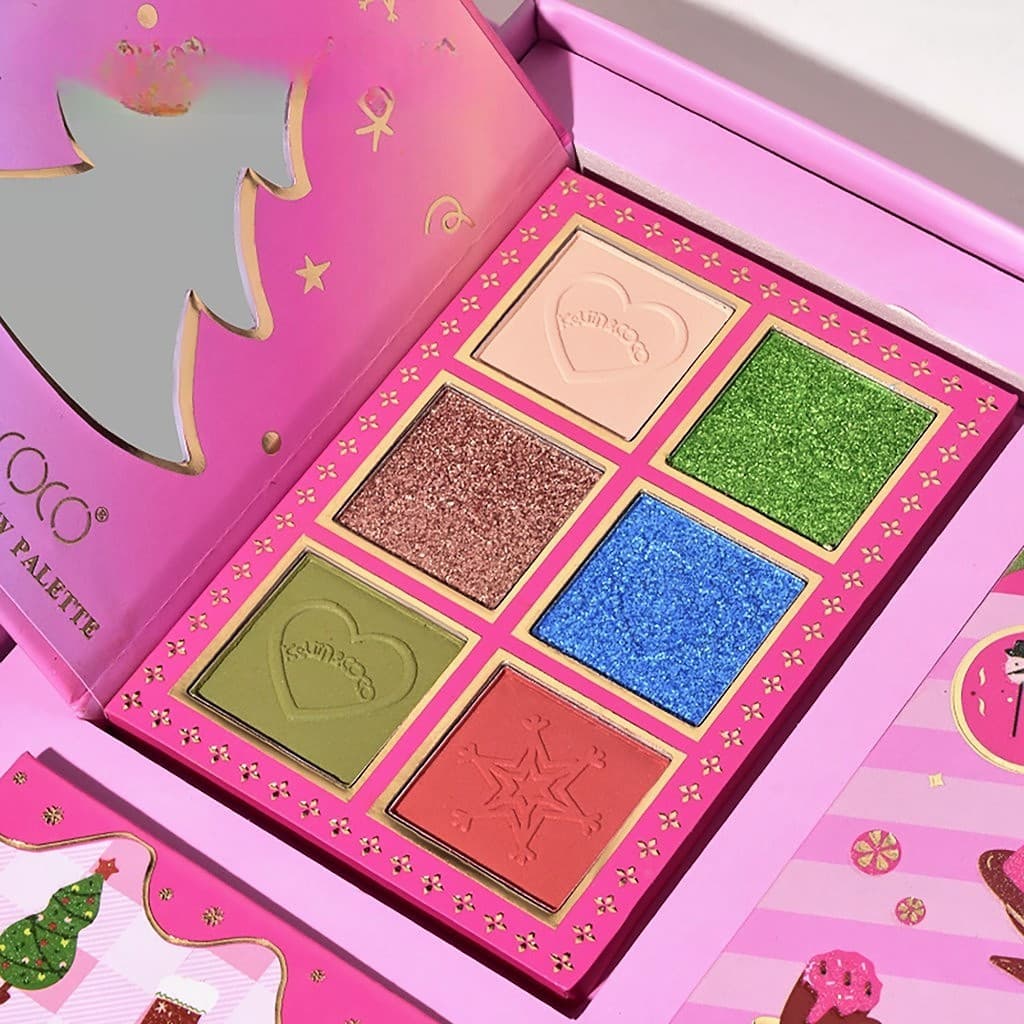 Set 4 palete de machiaj KEVIN & COCO, Christmas Jingle, 21 culori, 27.3 x 20.8 x 2.4 cm — 2