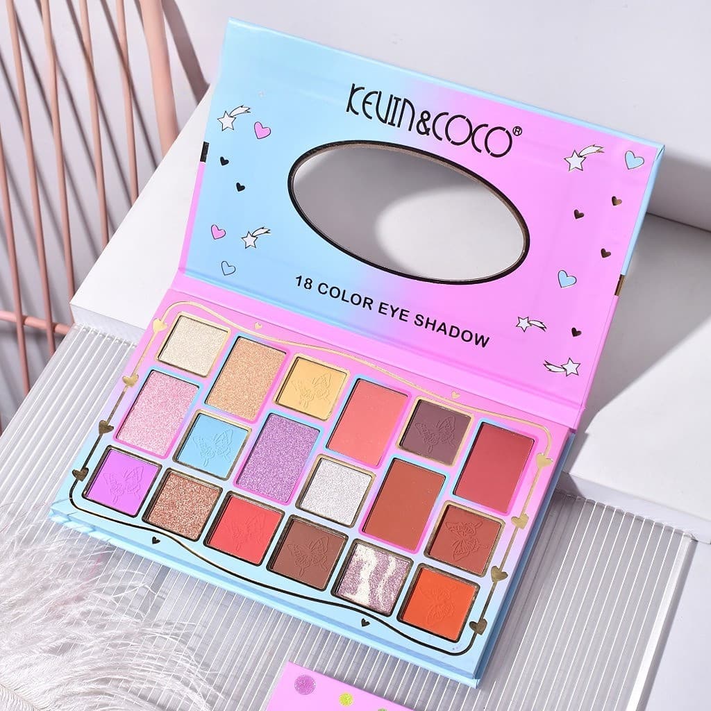 Paleta de machiaj KEVIN & COCO, Pink Blue, fard de pleoape, 18 culori, 19.3 x 12 x 1.4 cm — principală