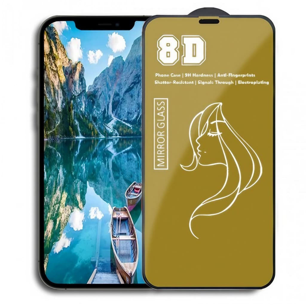 Folie de sticla Apple iPhone 15, Full Glue 8D Mirror Glass, efect oglinda, reflexie aurie, margini negre — principală