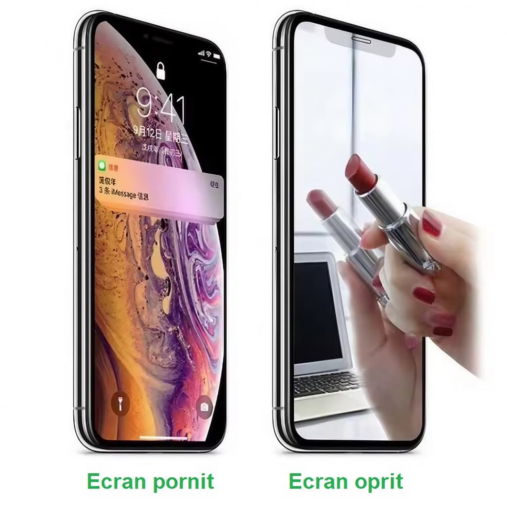 Folie de sticla Apple iPhone 15, Full Glue 8D Mirror Glass, efect oglinda, reflexie albastra, margini negre — varianta 2