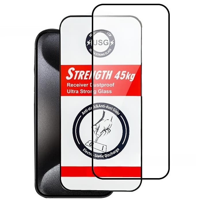 Folie de sticla Apple iPhone 15, Full Glue USG, rezistenta 45 kg, margini negre — principală