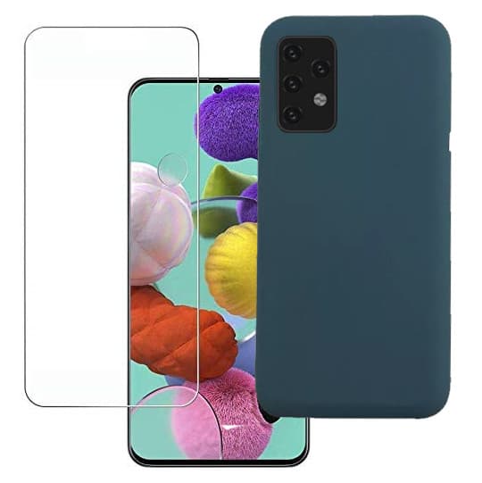 Set folie si husa Samsung Galaxy A51, sticla transparenta si Matt TPU, albastru inchis — principală
