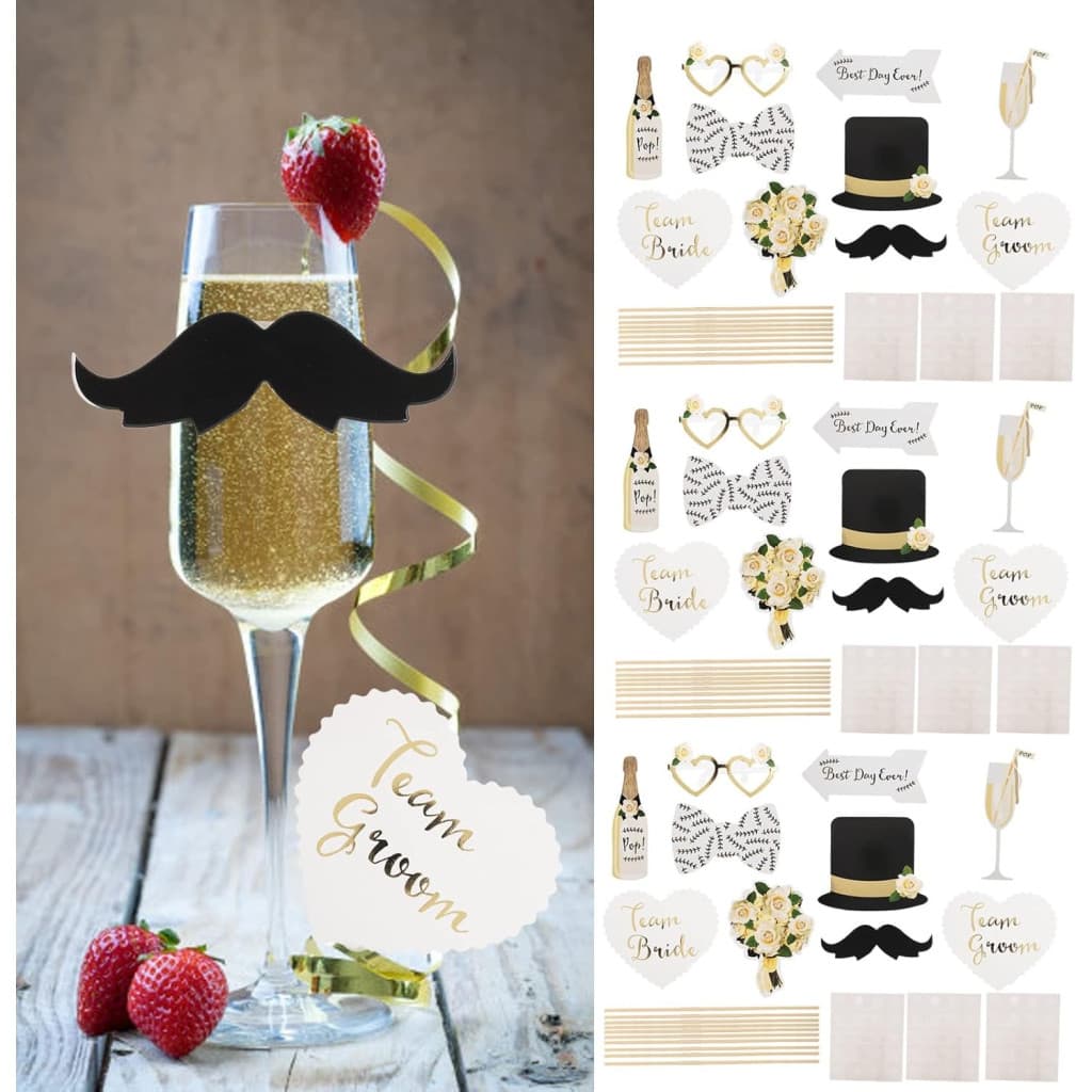 Set 10 Accesorii pentru petrecere, Props pentru Coltul de Poze, Model Mire si Mireasa, Tematica Nunta, Multicolor — 5