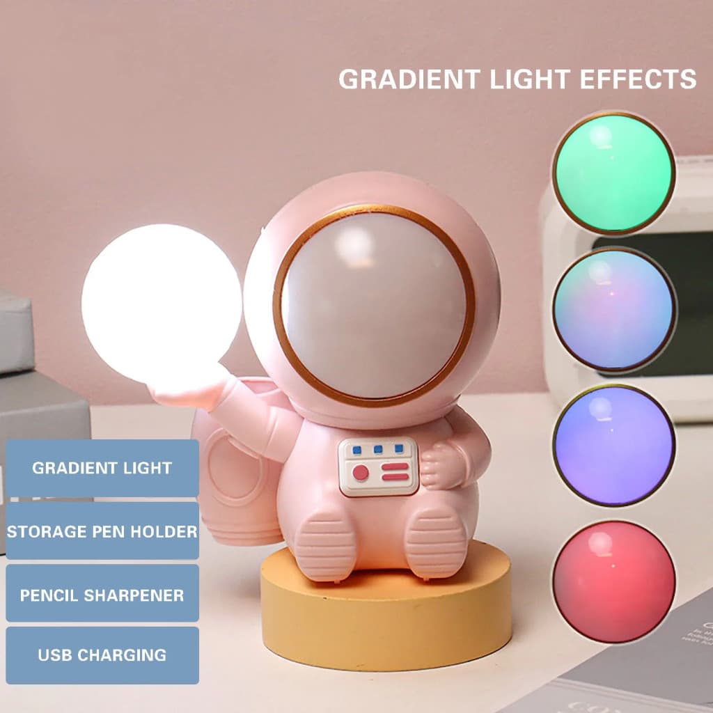 Lampa LED 2 in 1, cu ascutitoare si suport creioane, astronaut roz — 2