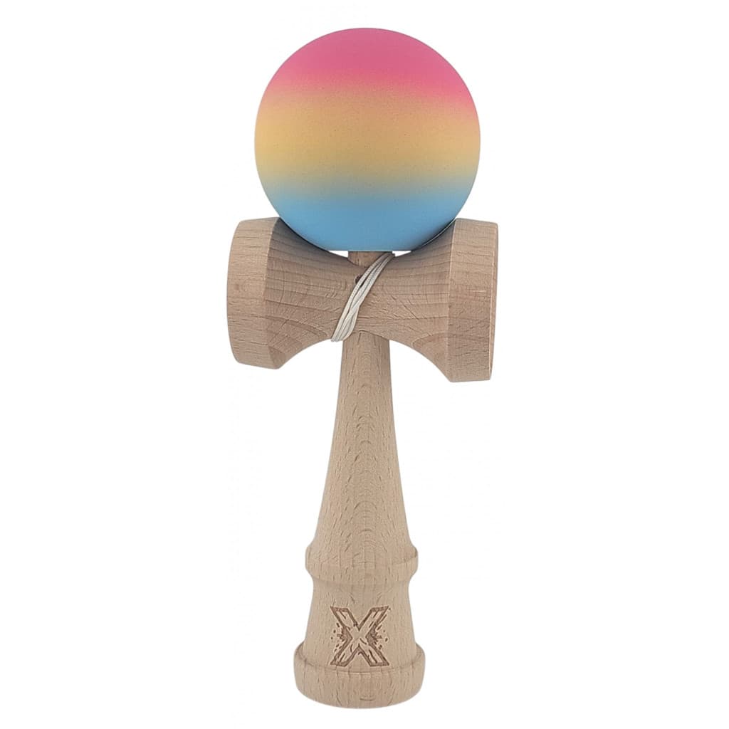 Jucarie lemn Kendama X, originala, profesionala, Rubber Grip, roz/galben/albastru — principală
