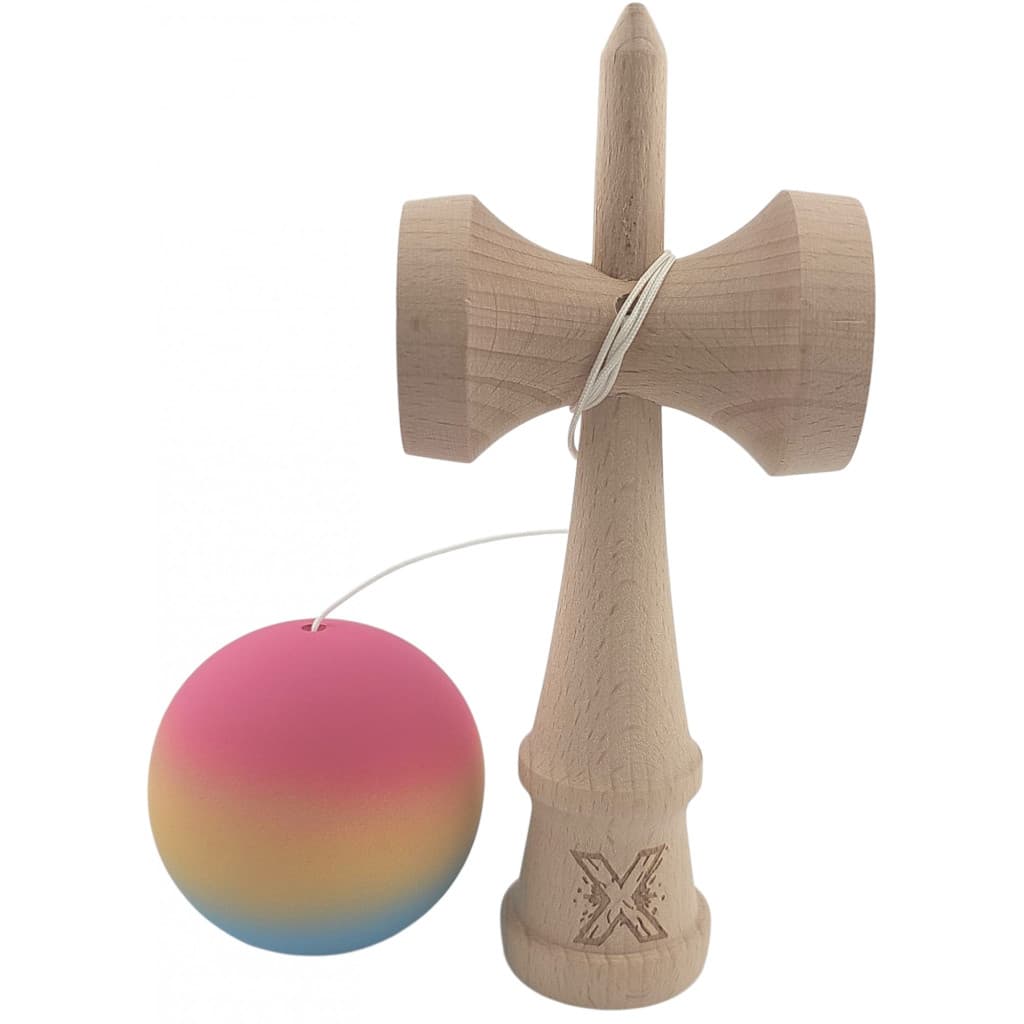 Jucarie lemn Kendama X, originala, profesionala, Rubber Grip, roz/galben/albastru — varianta 2