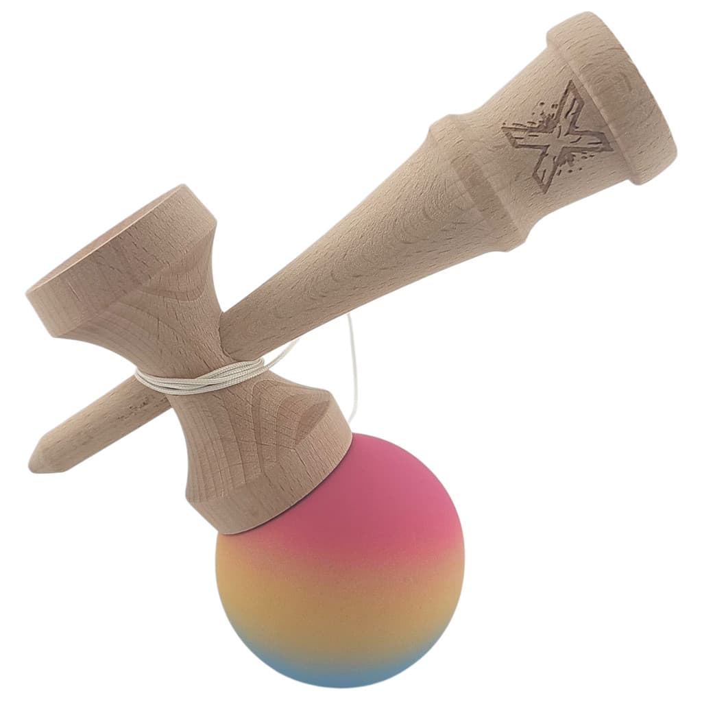 Jucarie lemn Kendama X, originala, profesionala, Rubber Grip, roz/galben/albastru — varianta 3