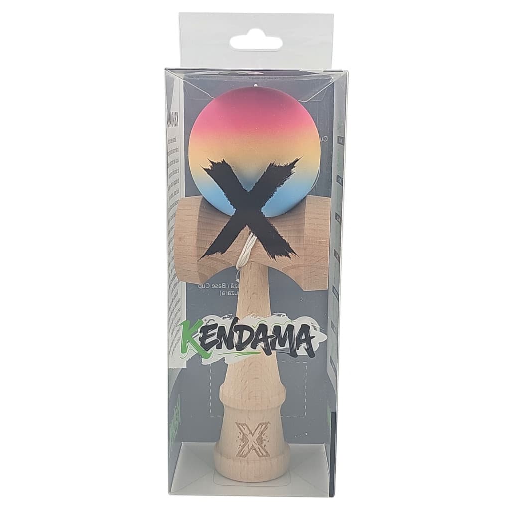 Jucarie lemn Kendama X, originala, profesionala, Rubber Grip, roz/galben/albastru — varianta 4