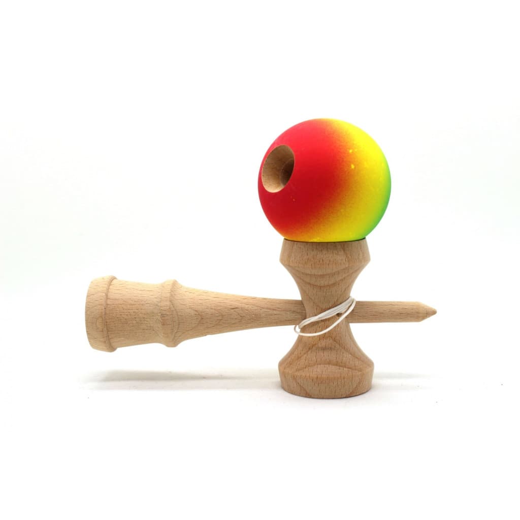 Jucarie lemn Kendama X, originala, profesionala, Rubber Grip, rosu/galben/albastru — 2