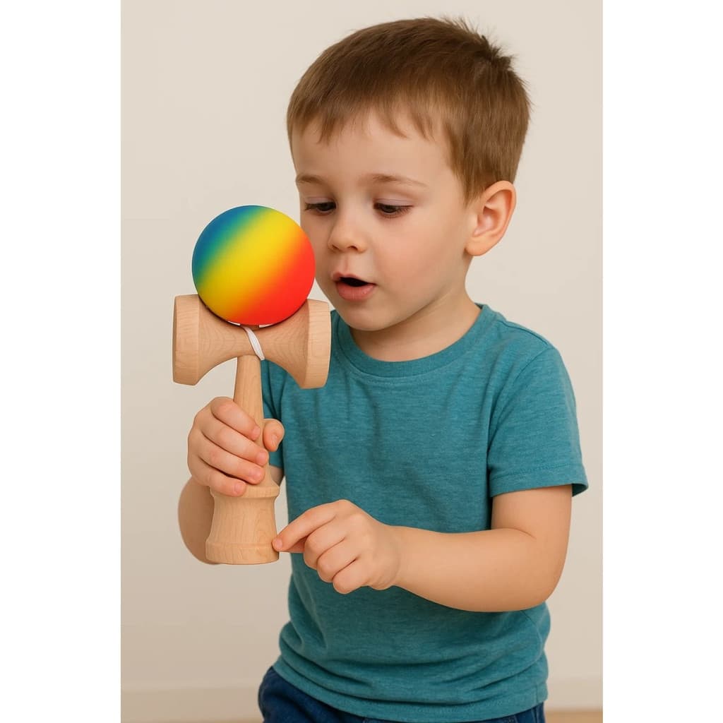 Jucarie lemn Kendama X, originala, profesionala, Rubber Grip, rosu/galben/albastru — 3
