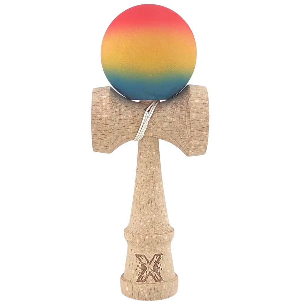 Jucarie lemn Kendama, 18 cm, gradient rosu/galben/albastru — principală