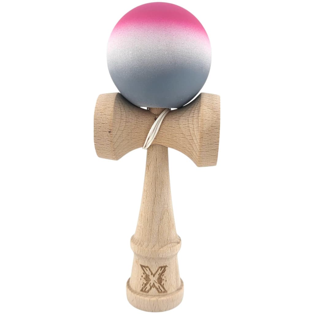 Jucarie lemn Kendama X, originala, profesionala, Rubber Grip, roz/alb/gri — principală