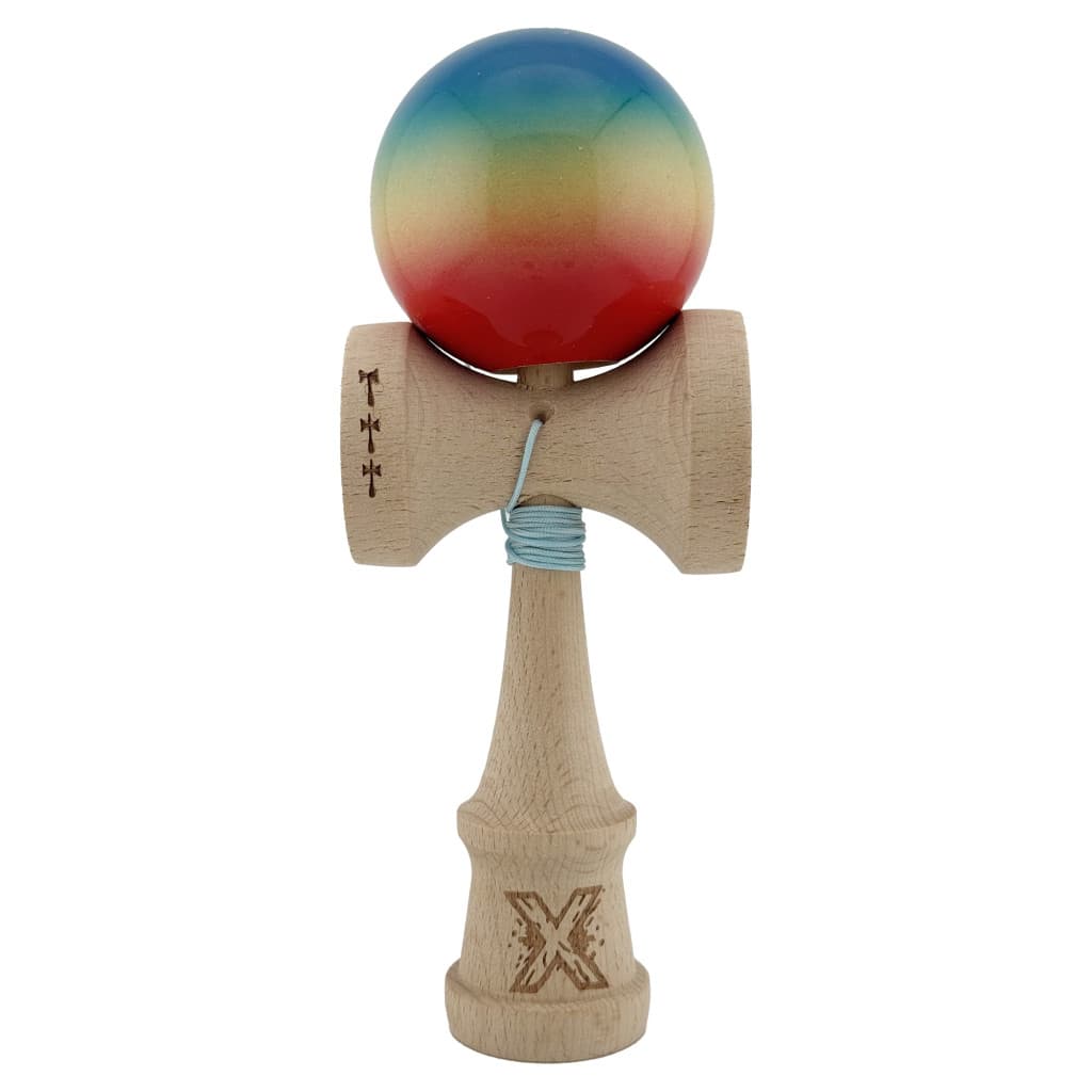Jucarie lemn Kendama X, Super Sticky, cupe mari V2, rulment, ata rezerva, rosu/galben/albastru — principală