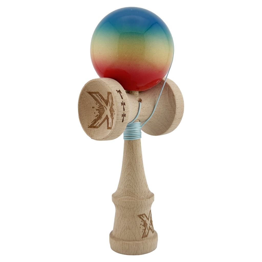Jucarie lemn Kendama X, Super Sticky, cupe mari V2, rulment, ata rezerva, rosu/galben/albastru — varianta 2