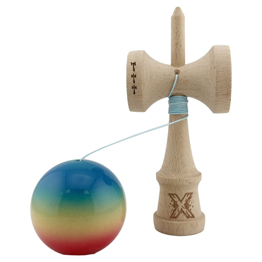 Jucarie lemn Kendama X, Super Sticky, cupe mari V2, rulment, ata rezerva, rosu/galben/albastru — varianta 3