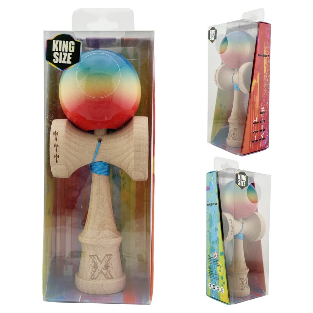 Jucarie lemn Kendama X, Super Sticky, cupe mari V2, rulment, ata rezerva, rosu/galben/albastru — varianta 4