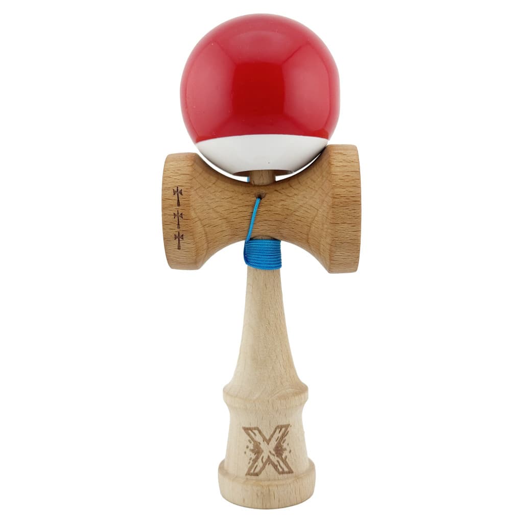 Jucarie lemn Kendama X, Super Sticky, cupe mari V2, gaura in basecup, rulment, ata rezerva, rosu/alb — principală