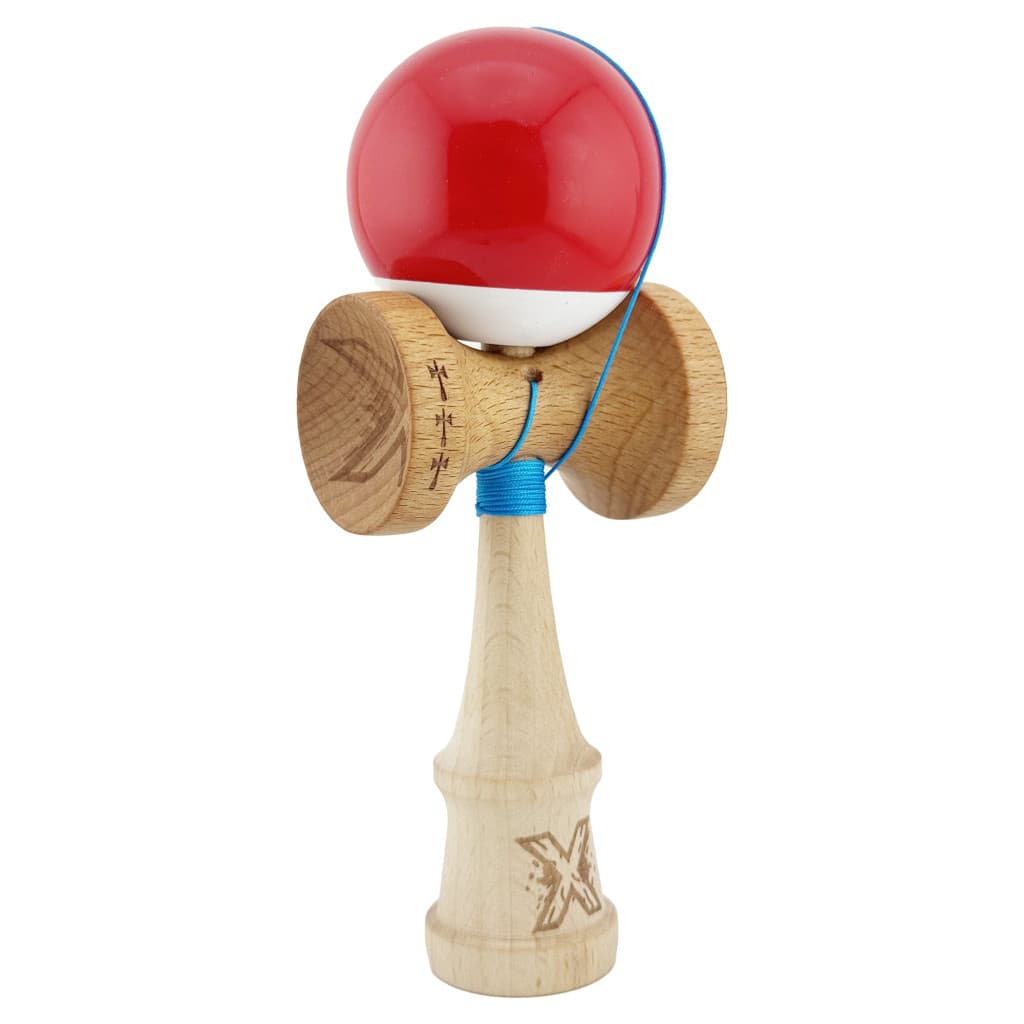 Jucarie lemn Kendama X, Super Sticky, cupe mari V2, gaura in basecup, rulment, ata rezerva, rosu/alb — varianta 2