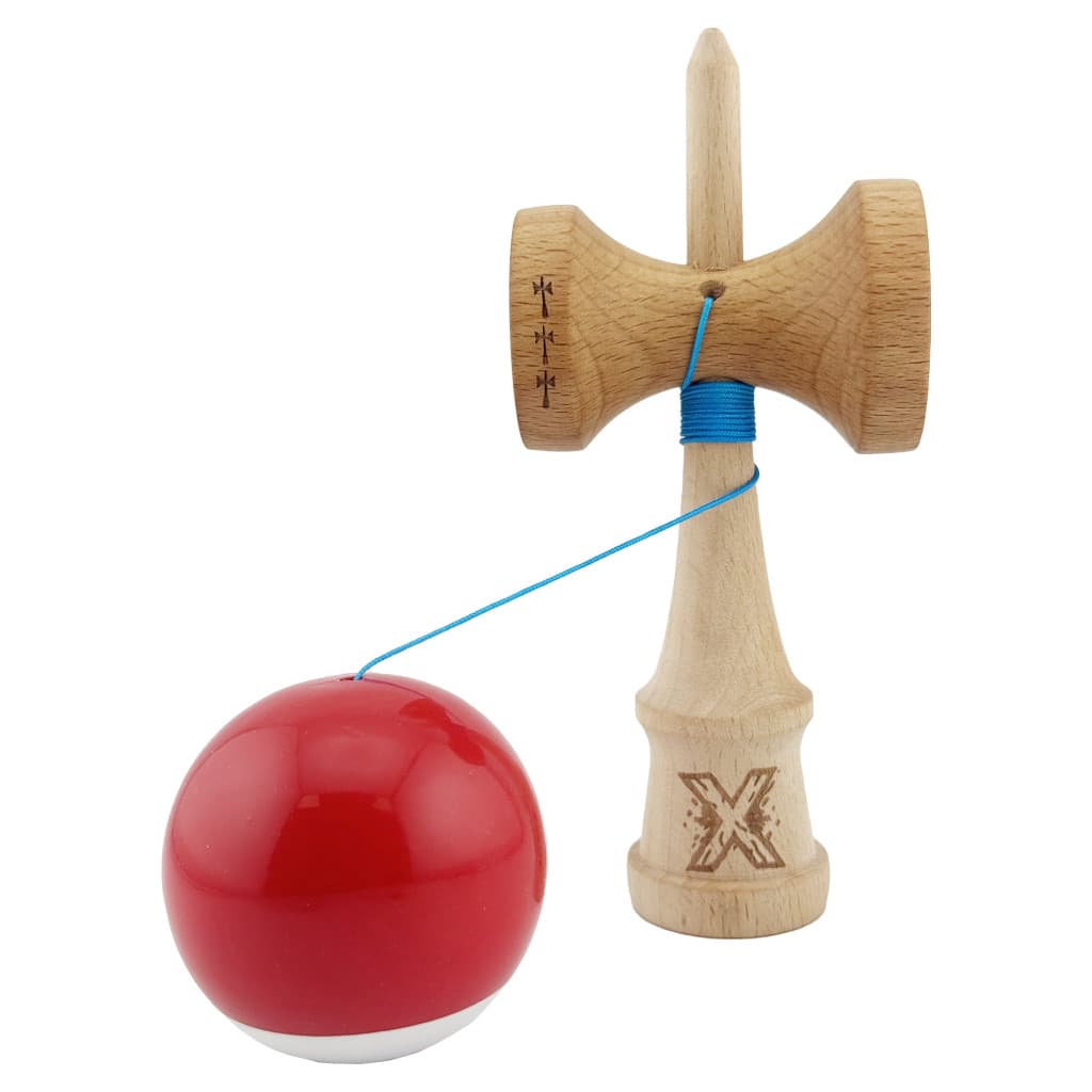 Jucarie lemn Kendama X, Super Sticky, cupe mari V2, gaura in basecup, rulment, ata rezerva, rosu/alb — varianta 3
