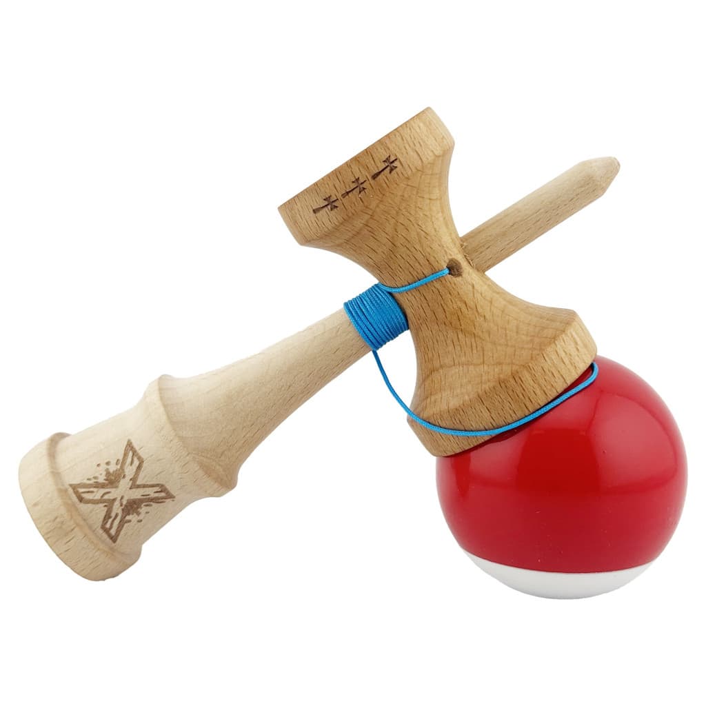 Jucarie lemn Kendama X, Super Sticky, cupe mari V2, gaura in basecup, rulment, ata rezerva, rosu/alb — varianta 4