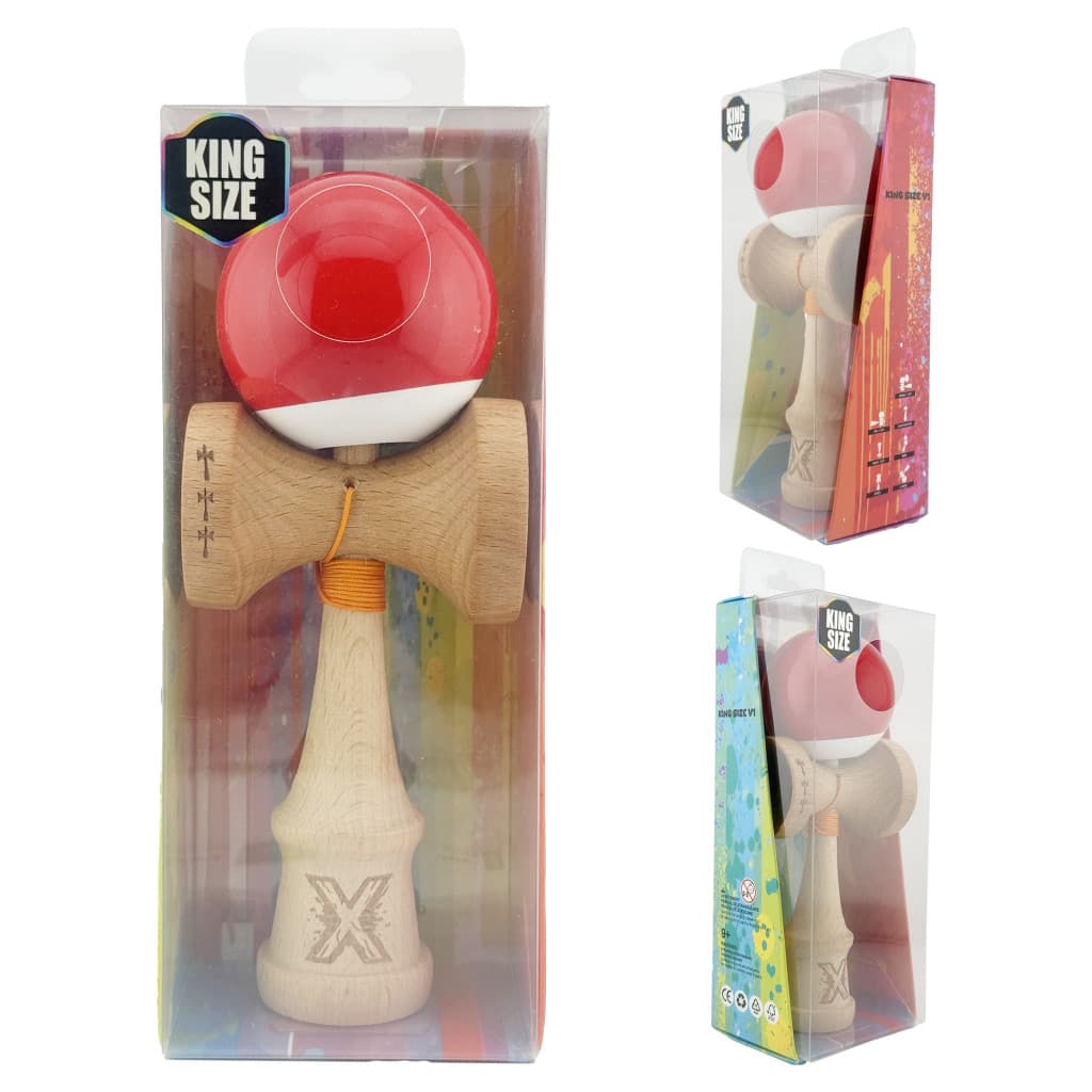 Jucarie lemn Kendama X, Super Sticky, cupe mari V2, gaura in basecup, rulment, ata rezerva, rosu/alb — varianta 5