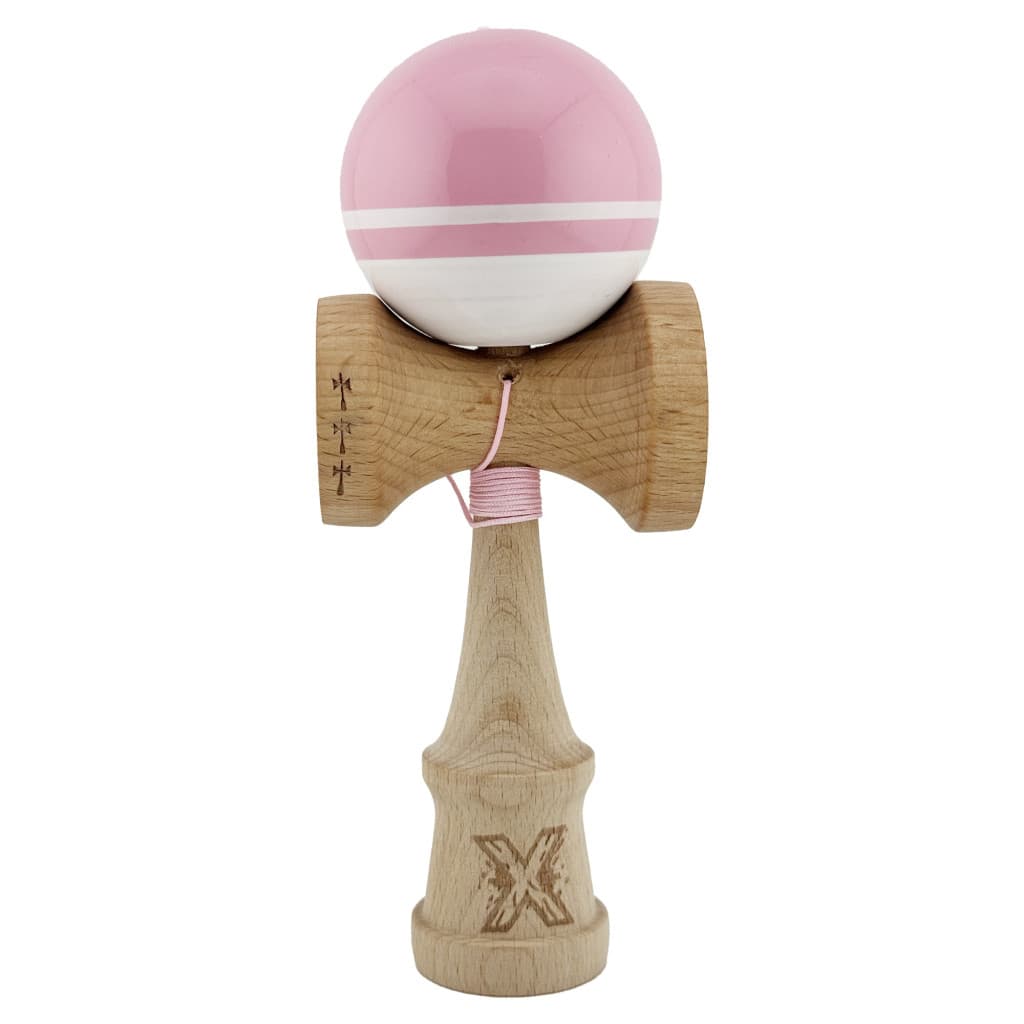 Jucarie lemn Kendama X, Super Sticky, cupe mari V2, gaura in basecup, rulment, ata rezerva, roz/alb — principală