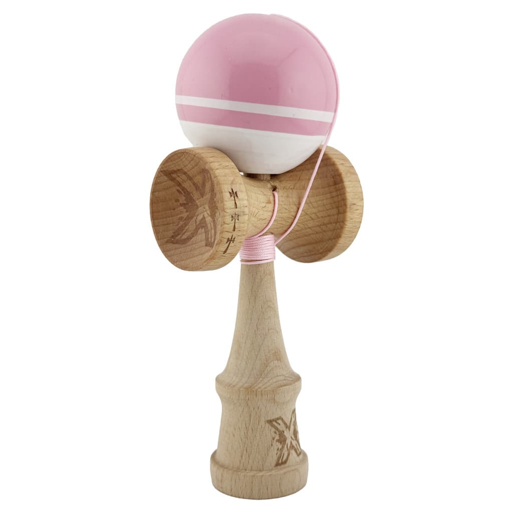 Jucarie lemn Kendama X, Super Sticky, cupe mari V2, gaura in basecup, rulment, ata rezerva, roz/alb — varianta 2