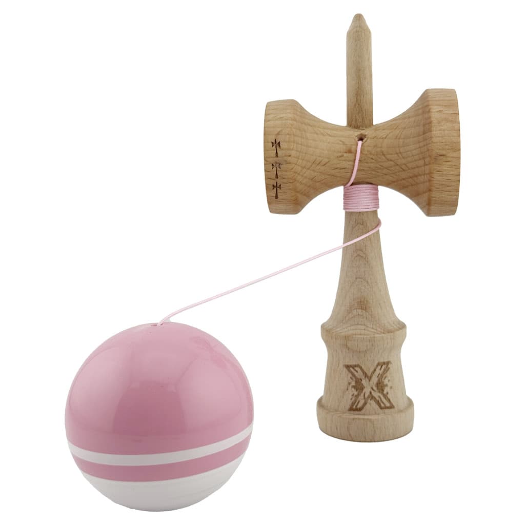 Jucarie lemn Kendama X, Super Sticky, cupe mari V2, gaura in basecup, rulment, ata rezerva, roz/alb — varianta 3