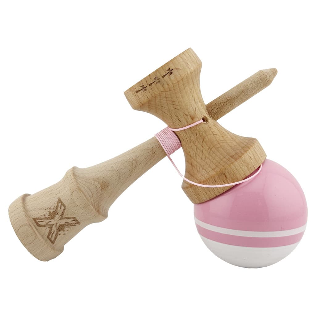 Jucarie lemn Kendama X, Super Sticky, cupe mari V2, gaura in basecup, rulment, ata rezerva, roz/alb — varianta 4