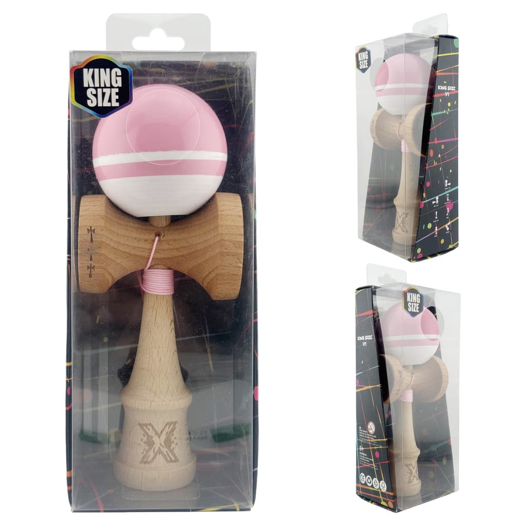Jucarie lemn Kendama X, Super Sticky, cupe mari V2, gaura in basecup, rulment, ata rezerva, roz/alb — varianta 5