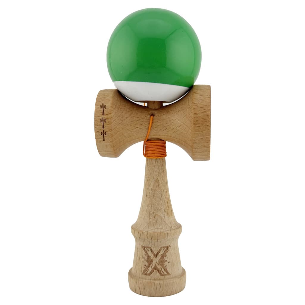 Jucarie lemn Kendama X, Super Sticky, cupe mari V2, gaura in basecup, rulment, ata rezerva, verde/alb