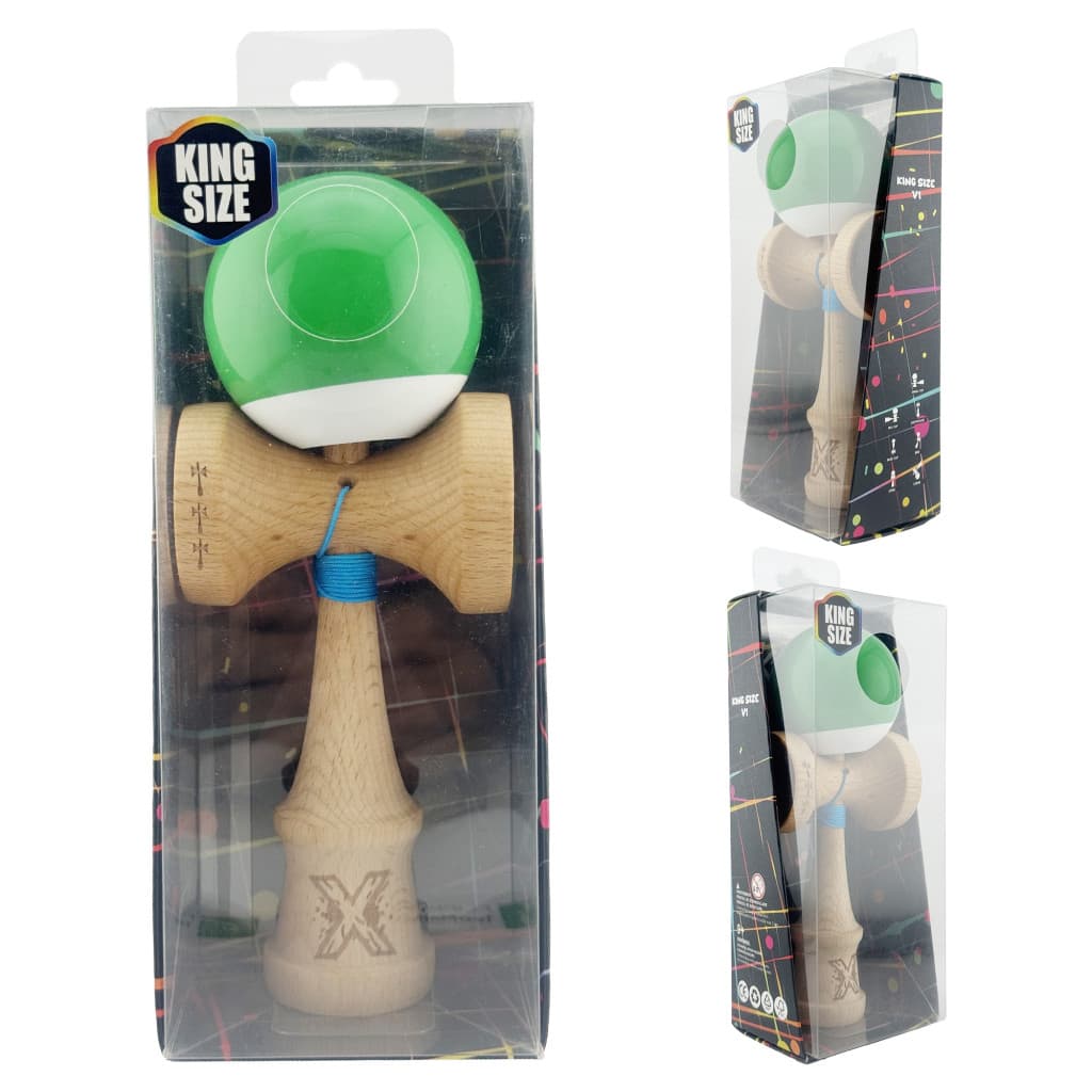 Jucarie lemn Kendama X, Super Sticky, cupe mari V2, gaura in basecup, rulment, ata rezerva, verde/alb — 5
