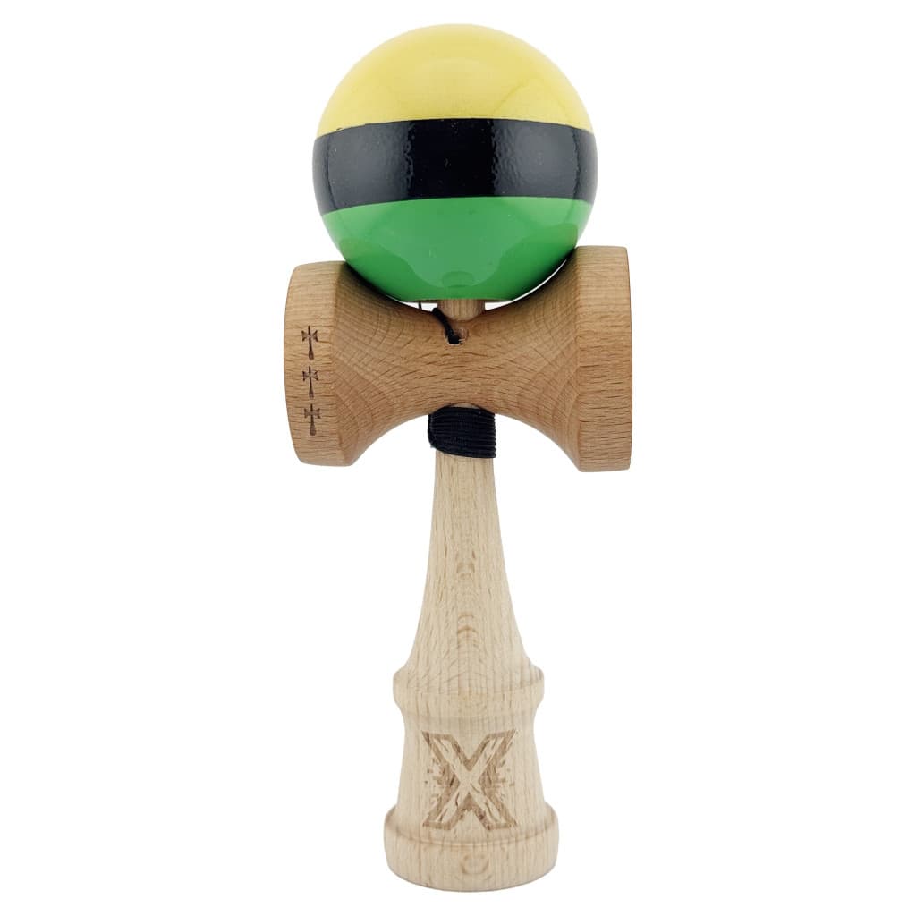 Jucarie lemn Kendama X, Super Sticky, cupe mari V2, gaura in basecup, rulment, ata rezerva, galben/negru/verde — principală