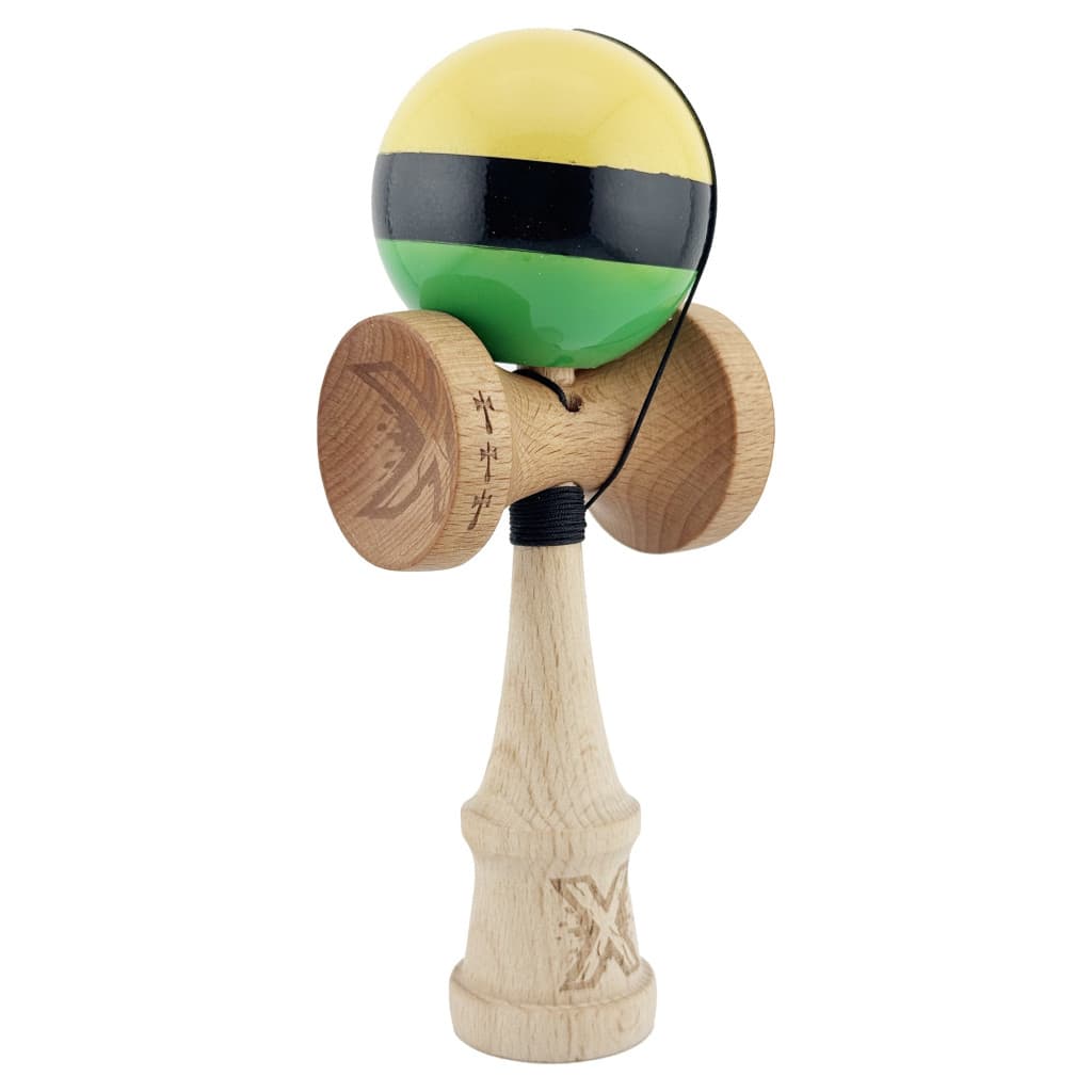 Jucarie lemn Kendama X, Super Sticky, cupe mari V2, gaura in basecup, rulment, ata rezerva, galben/negru/verde — varianta 2