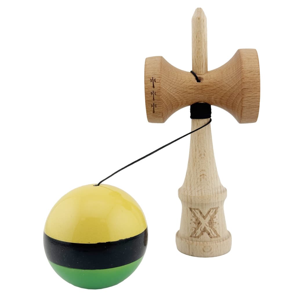 Jucarie lemn Kendama X, Super Sticky, cupe mari V2, gaura in basecup, rulment, ata rezerva, galben/negru/verde — varianta 3