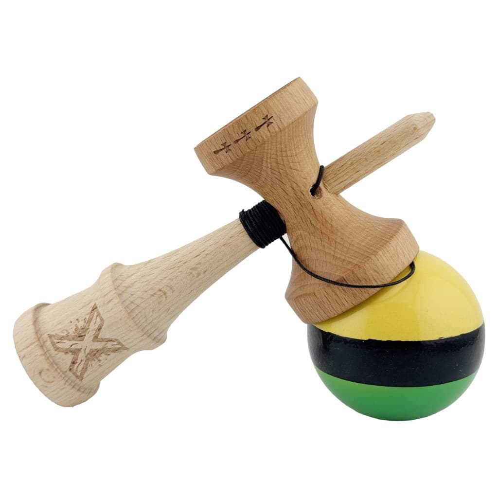 Jucarie lemn Kendama X, Super Sticky, cupe mari V2, gaura in basecup, rulment, ata rezerva, galben/negru/verde — varianta 4