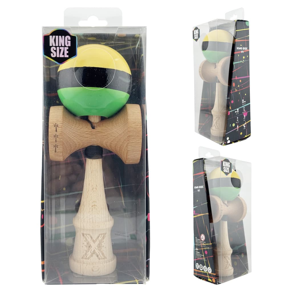 Jucarie lemn Kendama X, Super Sticky, cupe mari V2, gaura in basecup, rulment, ata rezerva, galben/negru/verde — varianta 5