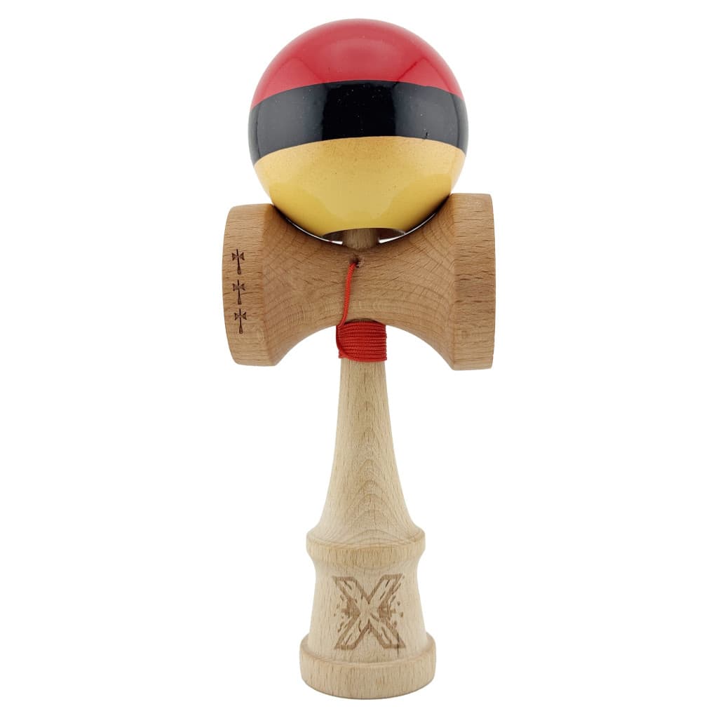 Jucarie lemn Kendama X, Super Sticky, cupe mari V2, gaura in basecup, rulment, ata rezerva, rosu/negru/galben — principală