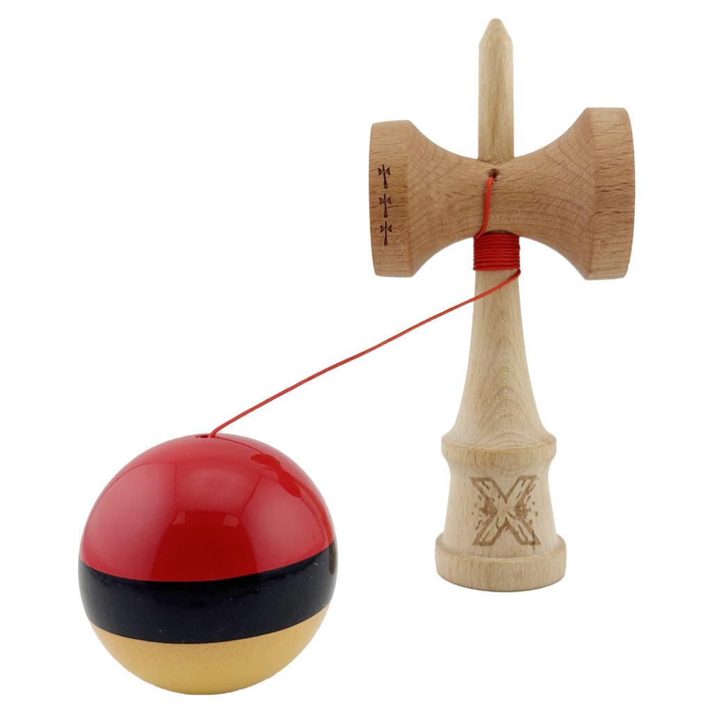 Jucarie lemn Kendama X, Super Sticky, cupe mari V2, gaura in basecup, rulment, ata rezerva, rosu/negru/galben — varianta 3