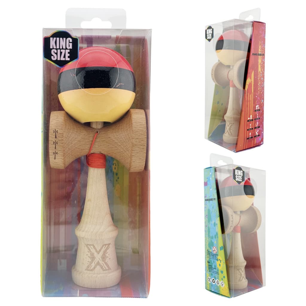 Jucarie lemn Kendama X, Super Sticky, cupe mari V2, gaura in basecup, rulment, ata rezerva, rosu/negru/galben — varianta 5