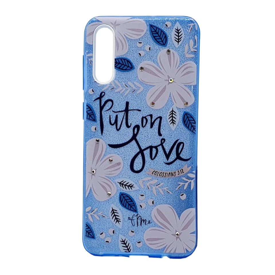 Husa Flowers Glitter pentru Apple iPhone 6 / 6S, cu mesaj, albastra — principală