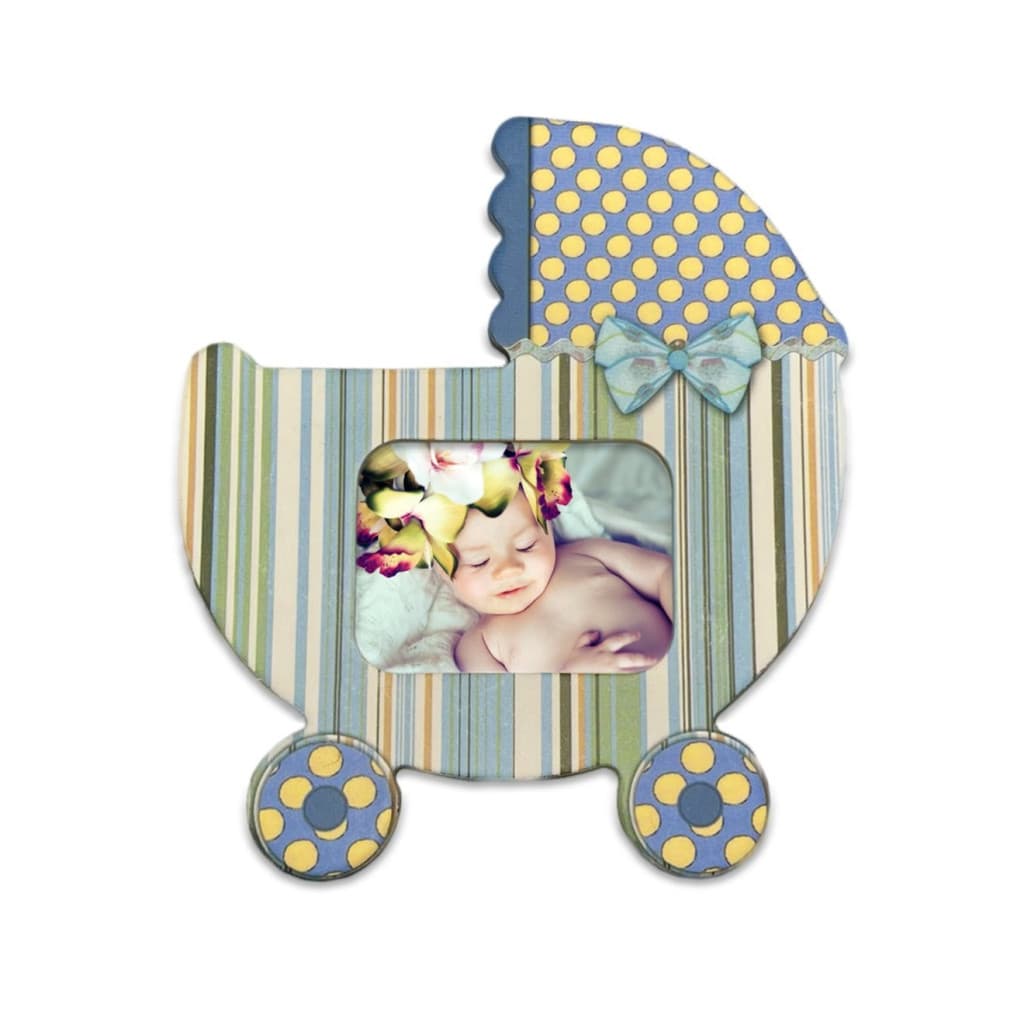 Magnet cu fotografia ta, design carucior bebe bleu, insertie foto 5 x 3,5 cm — principală