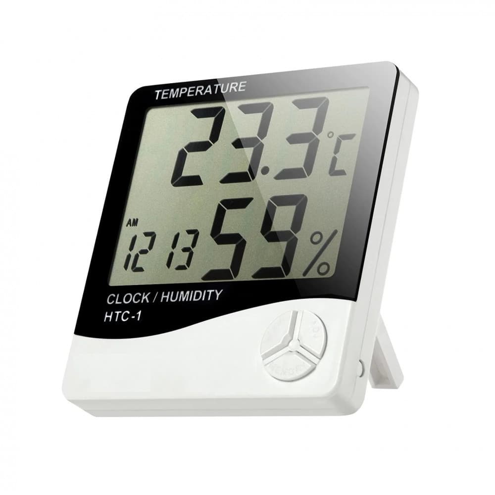 Ceas digital HTC-1, ecran LCD, higrometru, termometru, AM/PM, alarma, alb — principală