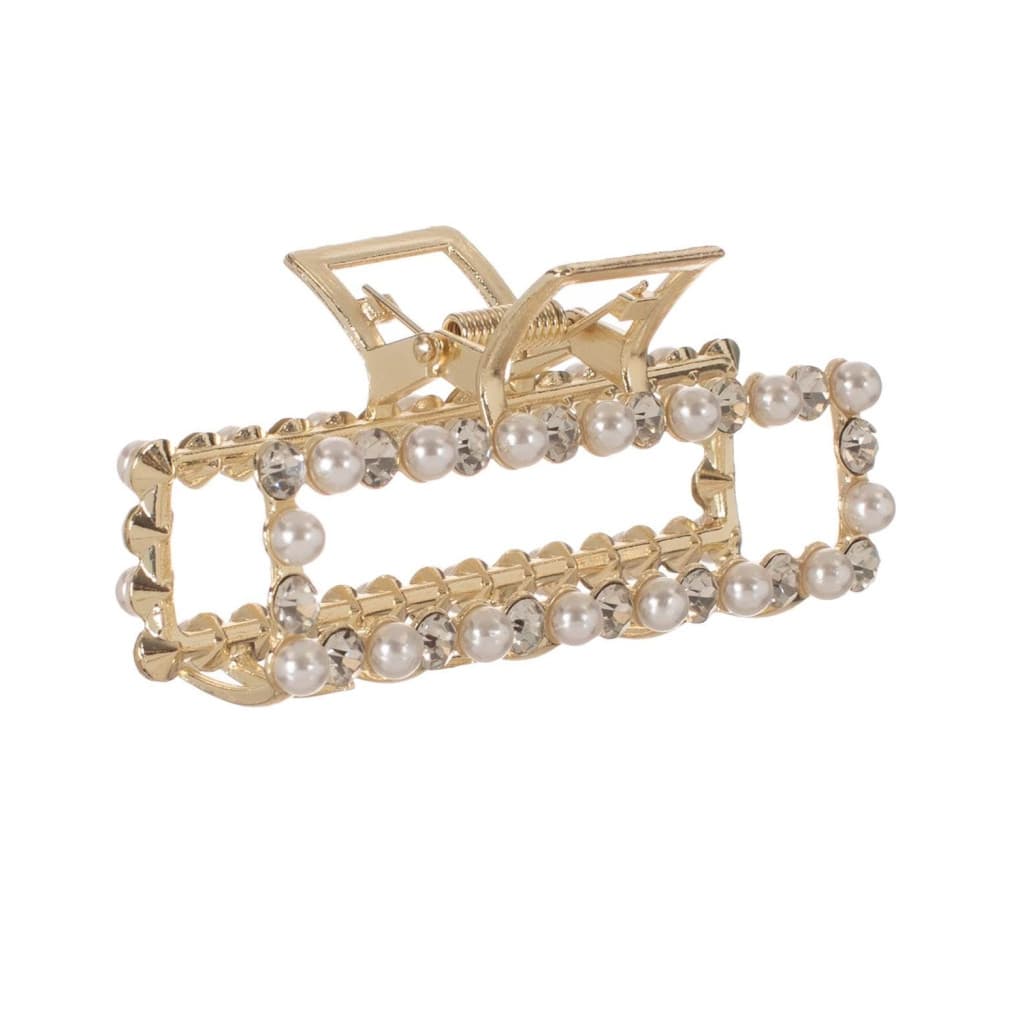 Clama par de culoare aurie, perle albe & strass, 9 cm — principală