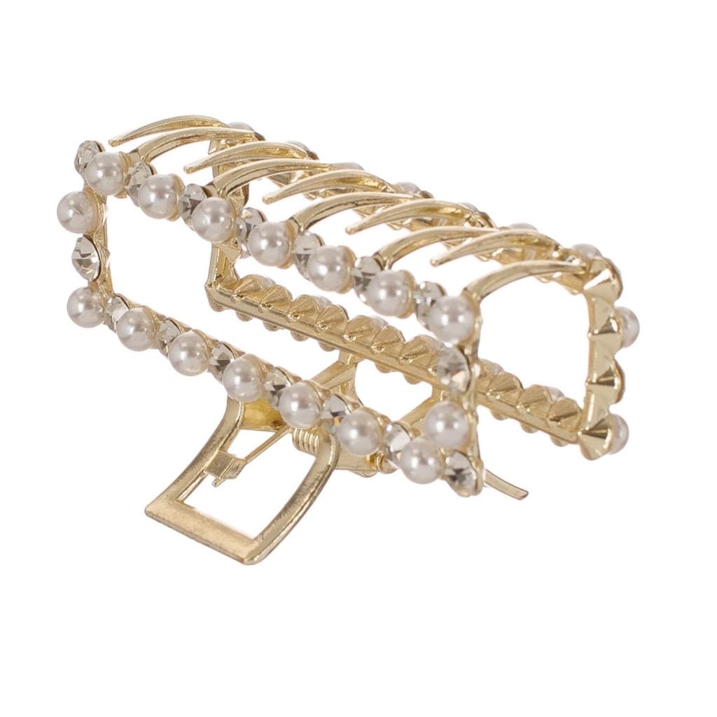 Clama par de culoare aurie, perle albe & strass, 9 cm — varianta 2