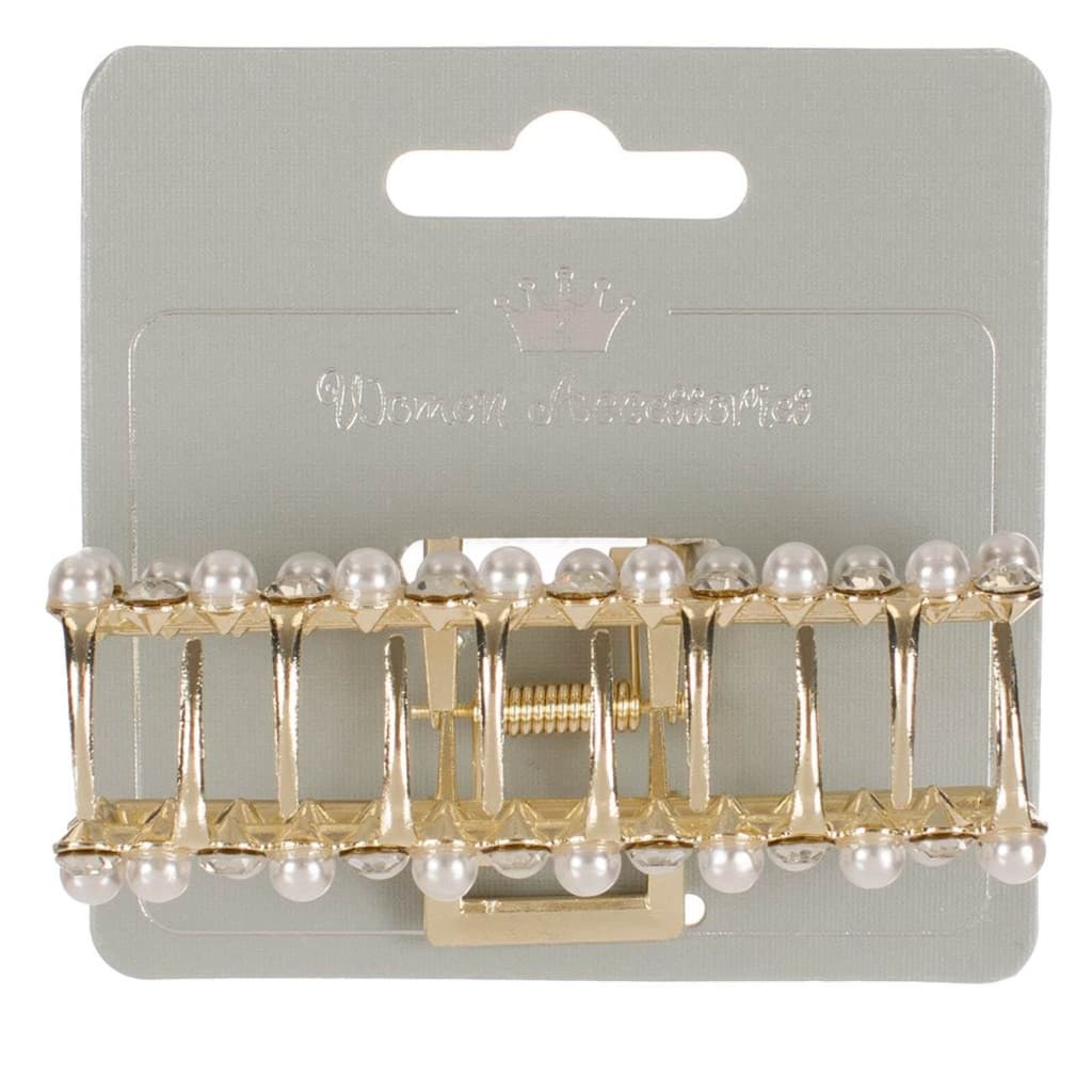 Clama par de culoare aurie, perle albe & strass, 9 cm — varianta 3