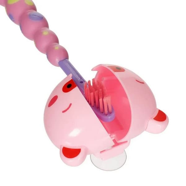 Periuta de dinti pentru copii, roz lila si husa protectie purcelus — varianta 2